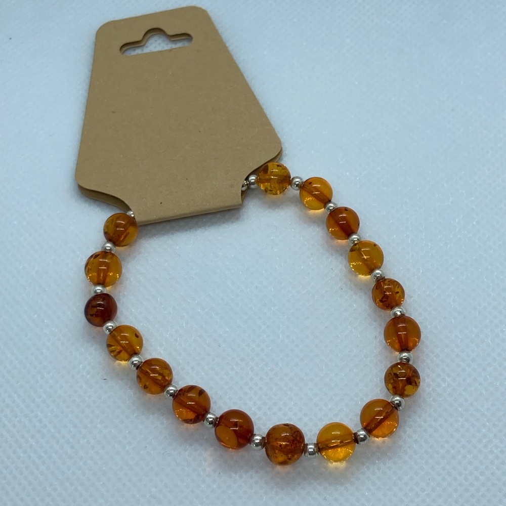 Sterling Silver 925 and Amber Bead Bracelet with lobster clasp.  7.5”